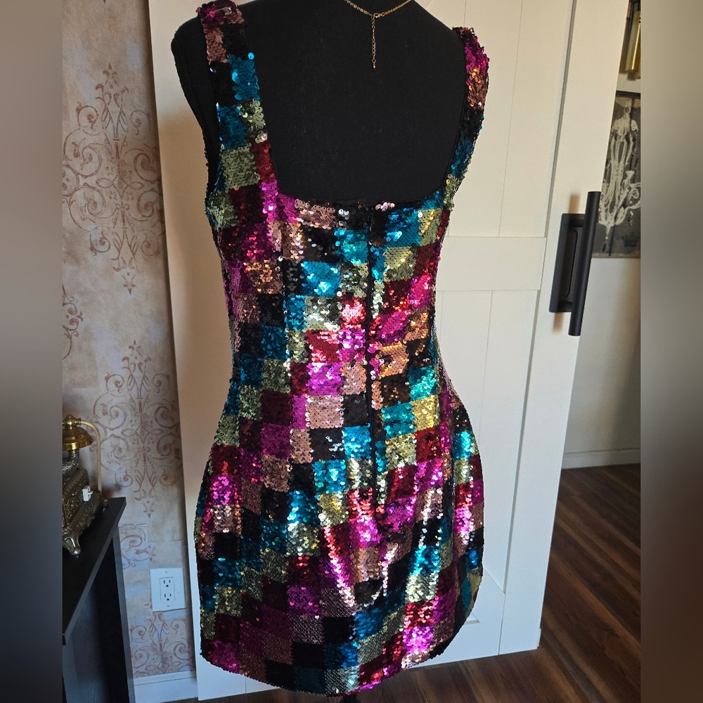 NASTY GAL Sequin Colorful Checkerboard Mini Dress Size 8 - Picture 12 of 14